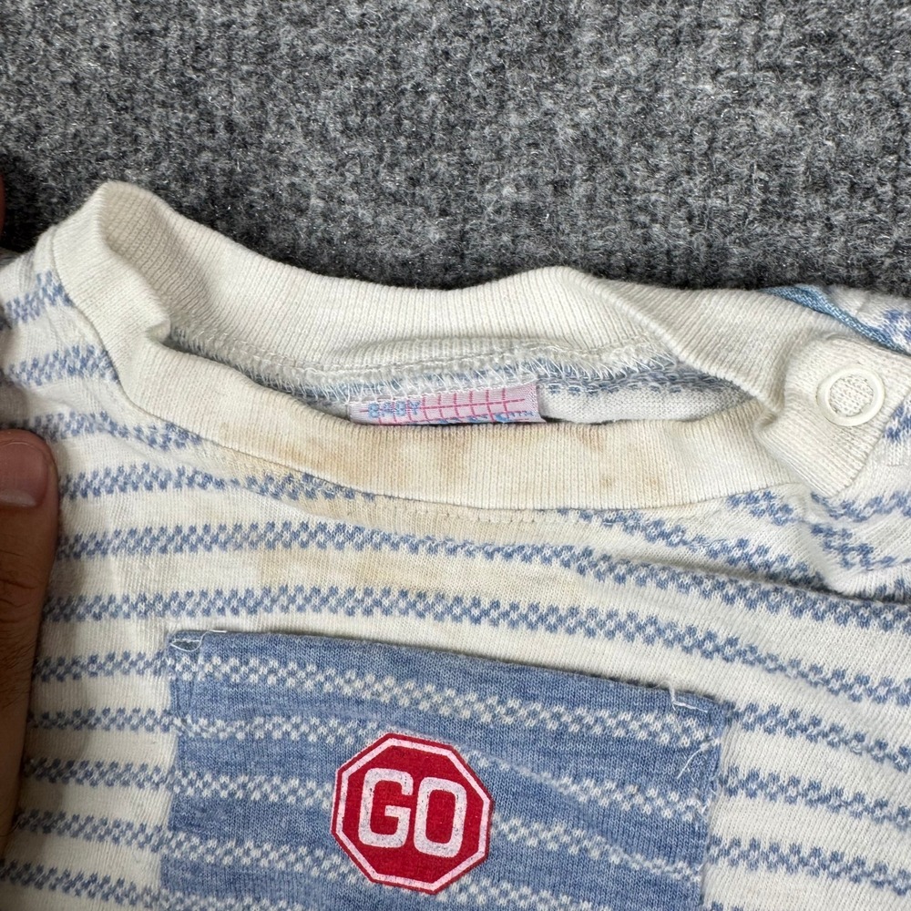 Baby Guess T-Shirt Unisex Size 24M Blue Striped Racing USA Made Cotton Stained
